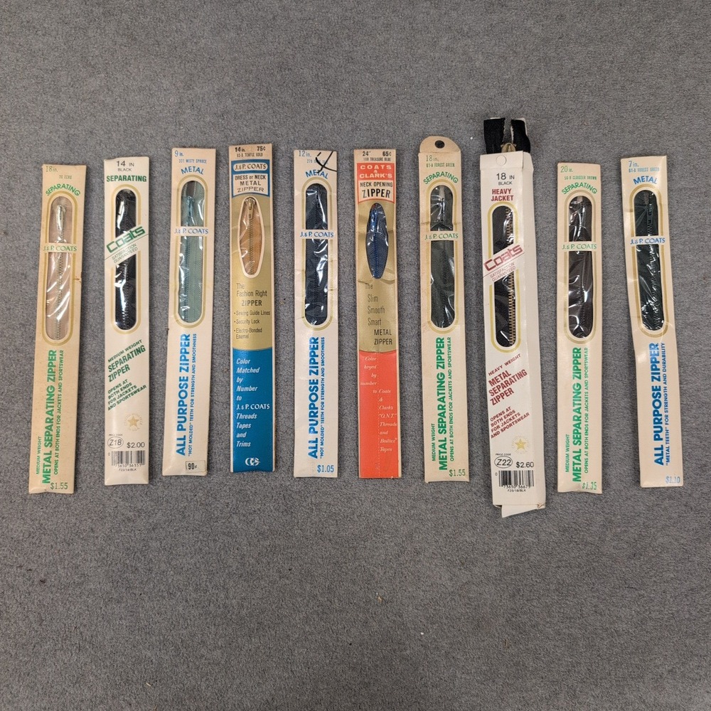 Lot‎ of 10 Vintage J&P Coats Metal Zippers Separating All Purpose Various Colors